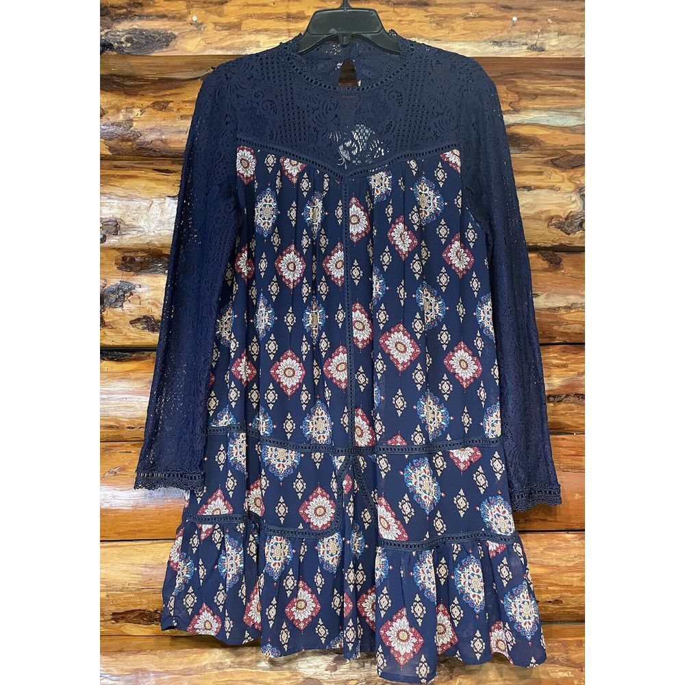 Entro Navy Floral Dress W/Lace Top Size‎ Small NWT